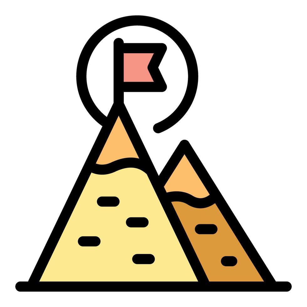 Reaching mountain peak with flag, achieving success and goals vector