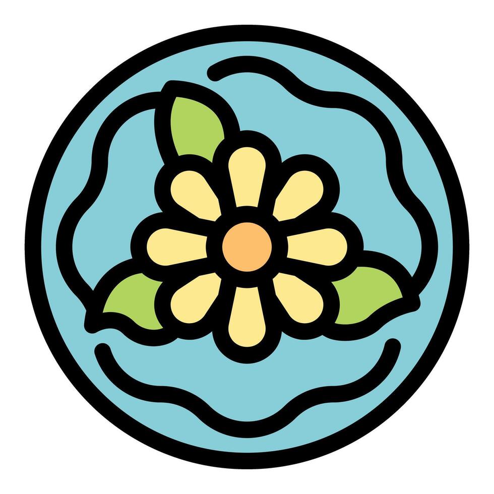 Yellow daisy floating in blue pond with green leaves vector