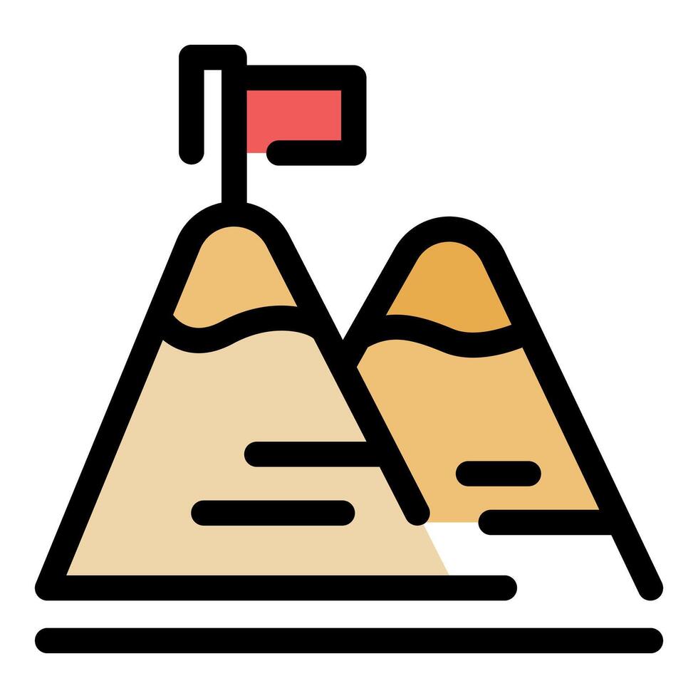 Reaching mountain peak with flag, achievement and success icon vector