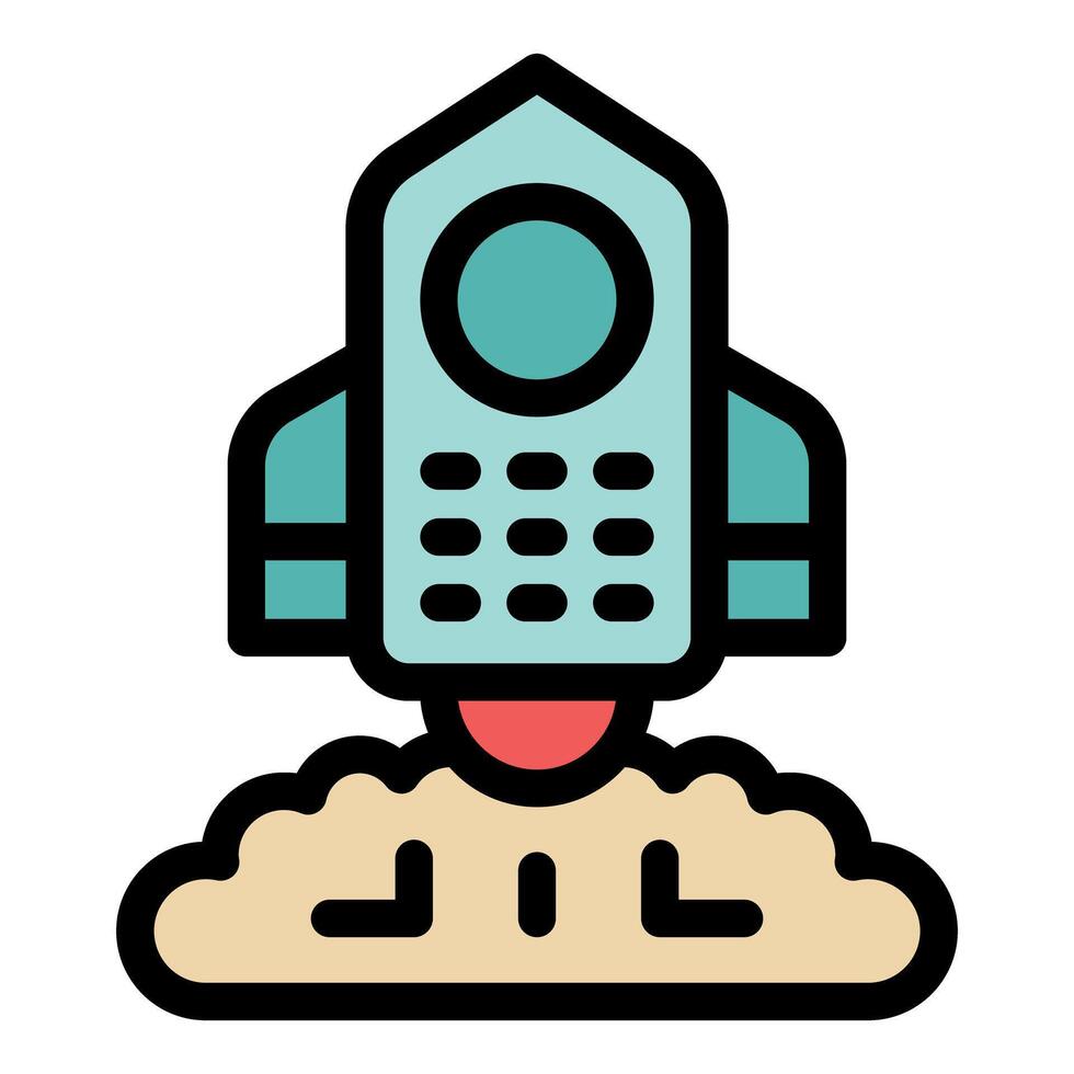 Rocket shaped phone launching from ground, mobile technology taking off vector