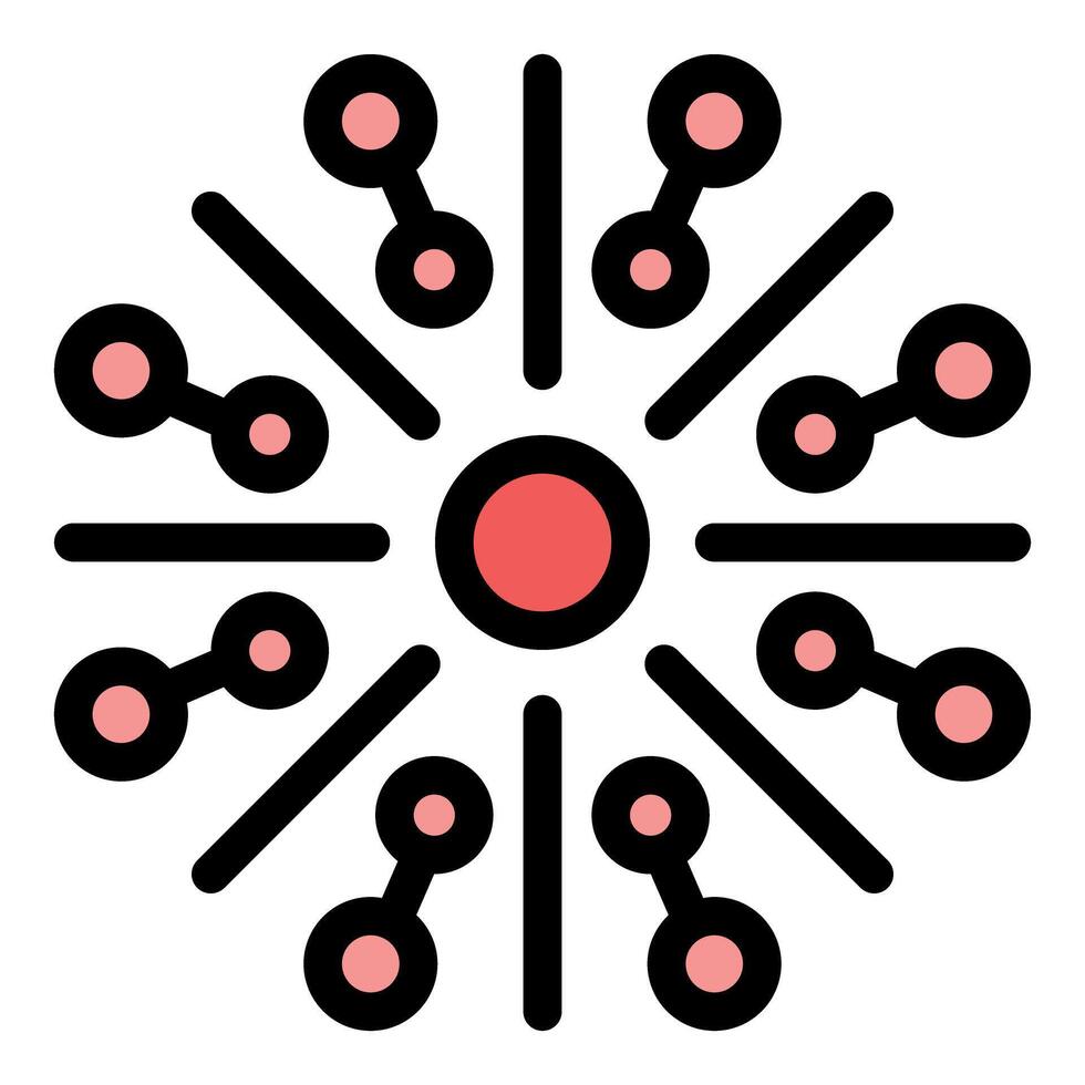 Hub and spoke network connecting nodes radiating from central core vector