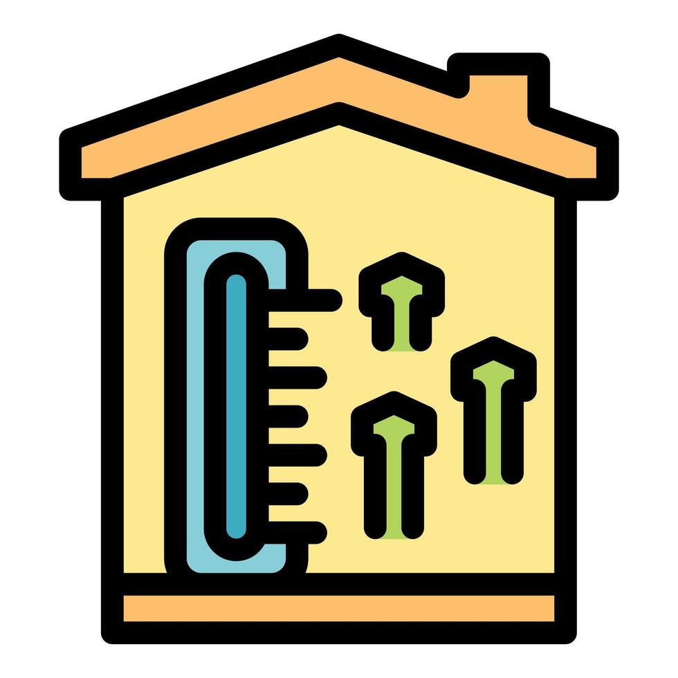 House temperature increasing, showing thermometer and up arrows inside vector