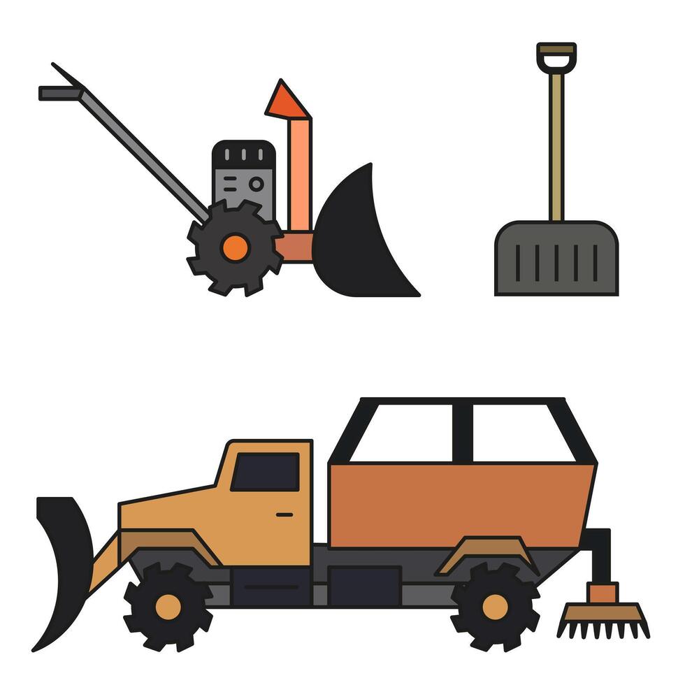 Symbols of industrial snow removal. Snow plows are colored drawings with a dark outline. vector