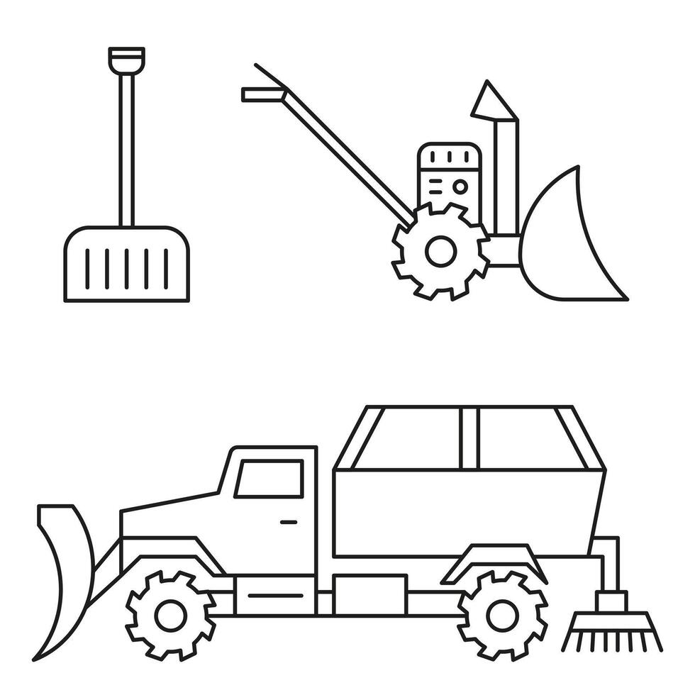Devices for cleaning snow with a thin line. Symbols of industrial snow removal. vector