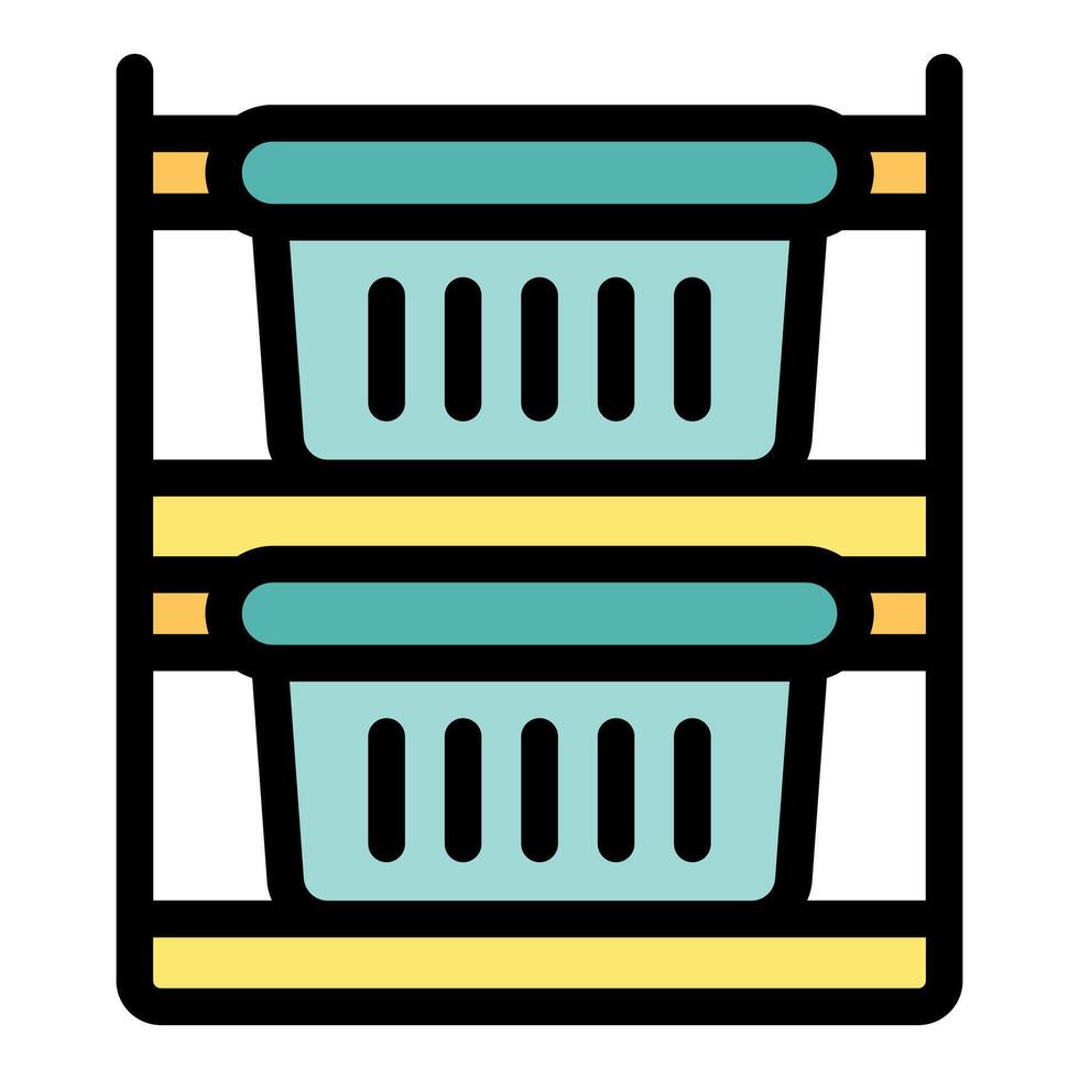 Laundry baskets on wooden shelf organizing clothes for washing vector
