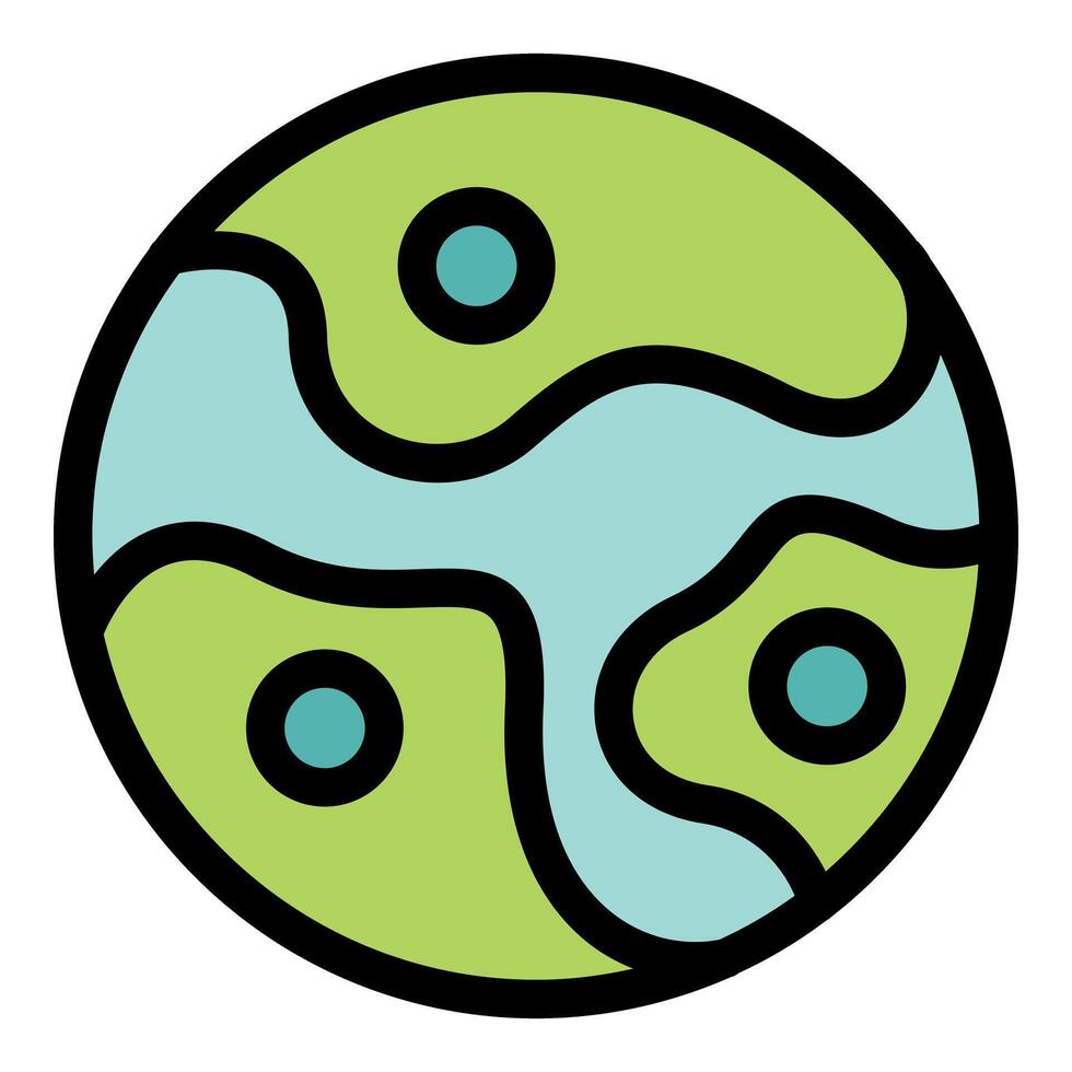 Green alien planet with turquoise continents and blue lakes, simple cartoon style icon vector