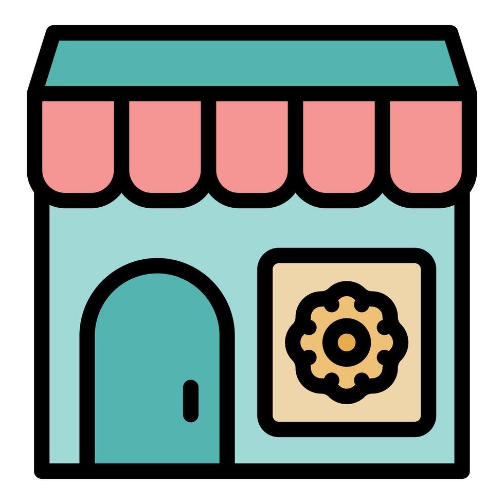 Pastry shop building with pink awning and gear sign displaying engineering and technology themes vector