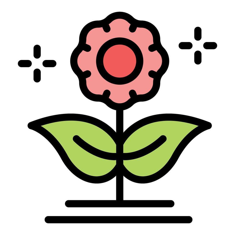 Pink flower blooming with green leaves and sparkles, botany icon vector