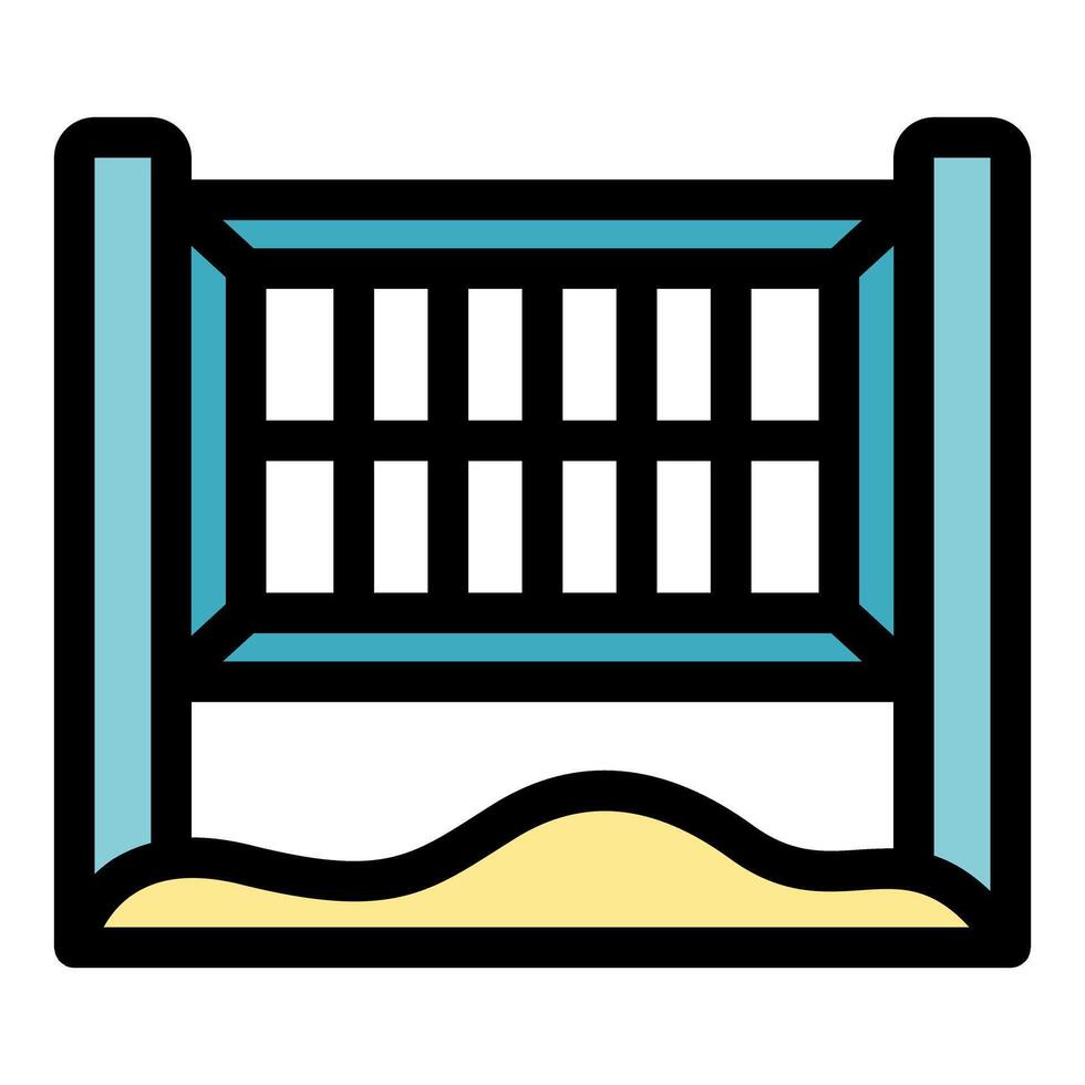 Beach volleyball net standing on sandy beach court, ready for summer game vector