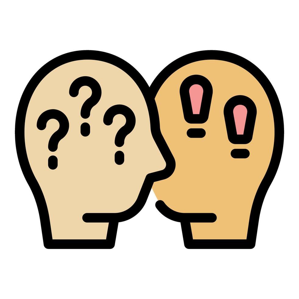 Two heads face to face, one with question marks and the other with exclamation points, symbolizing problem solving vector