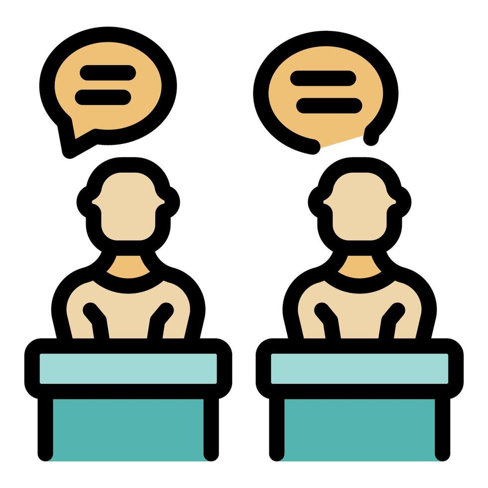 Students sitting at desk having a conversation with speech bubbles vector