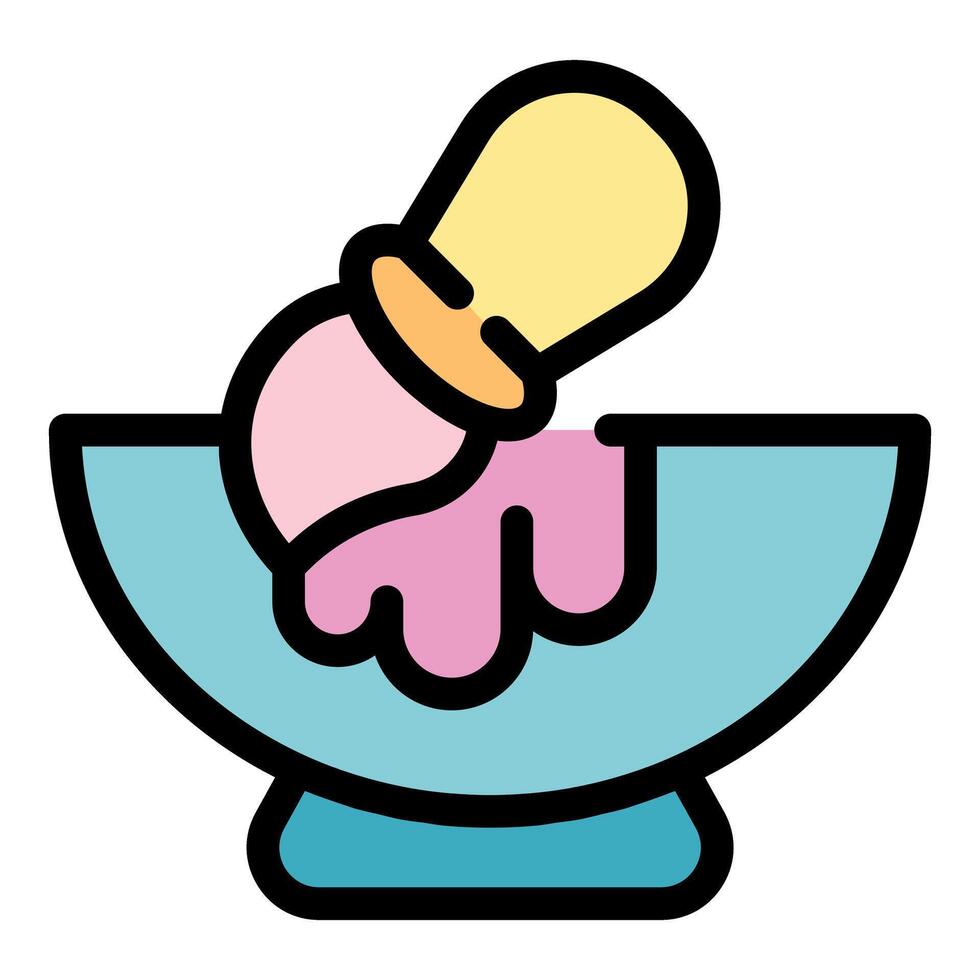 Beautician applying pink cosmetic cream with brush in bowl vector