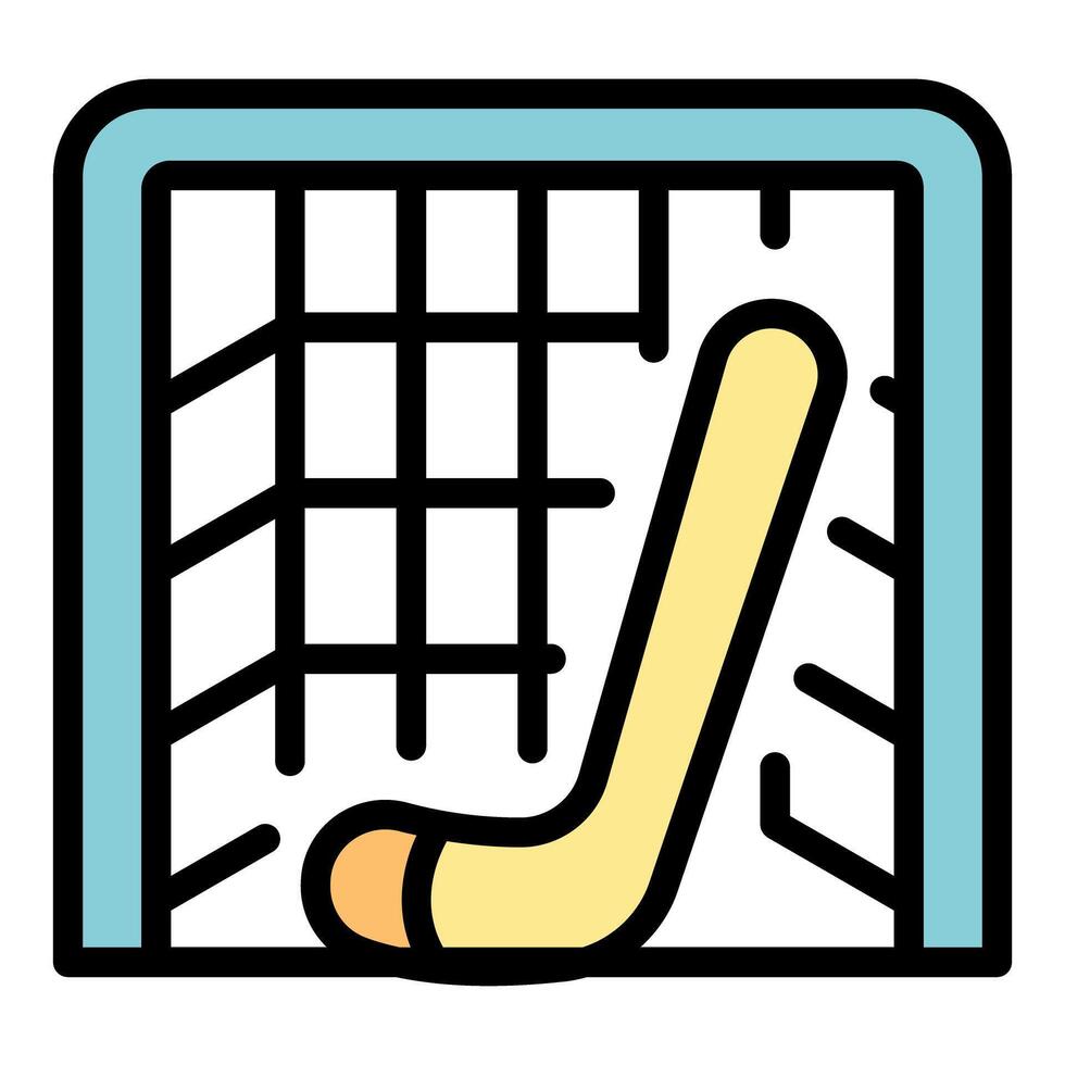 Hockey stick scoring goal in net, winning sport game vector