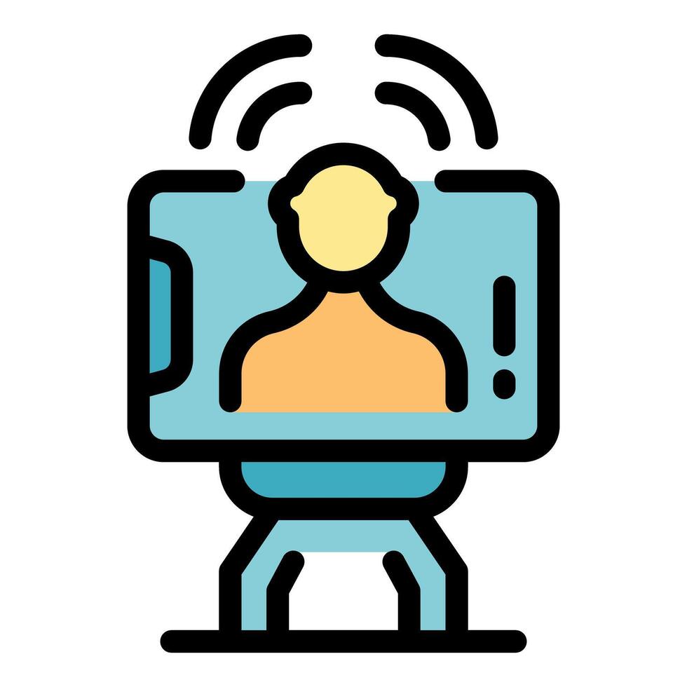 Online meeting with colleague using call on tablet with tripod vector