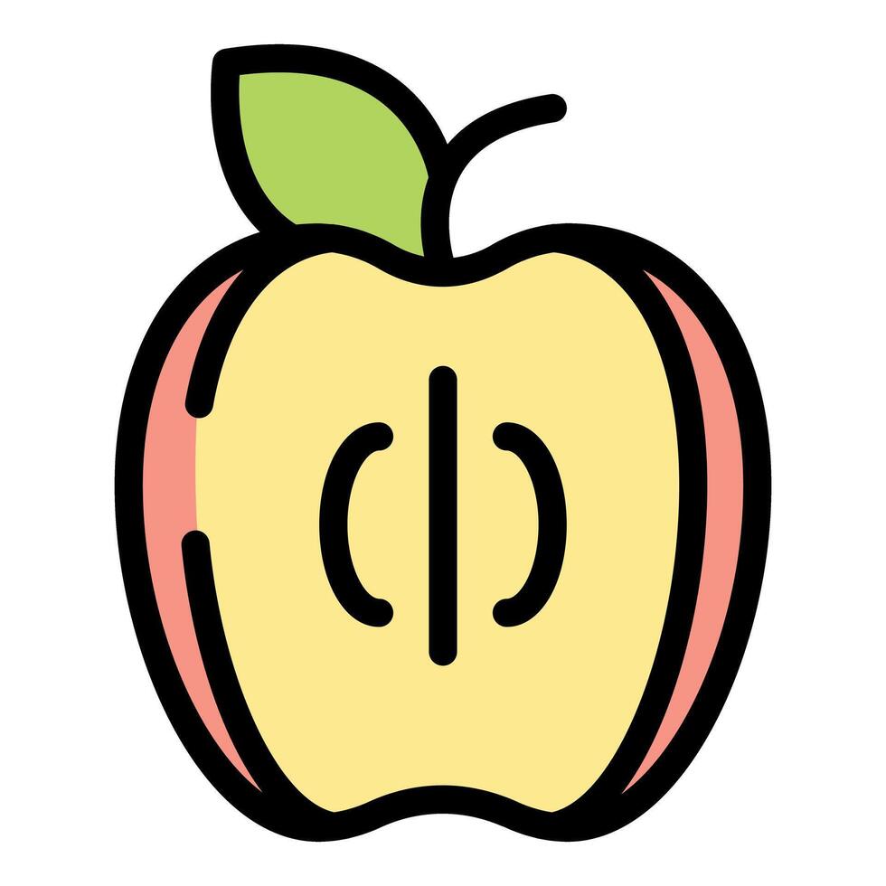 Cartoon drawing of a sliced apple showing seeds, stem, and leaf vector