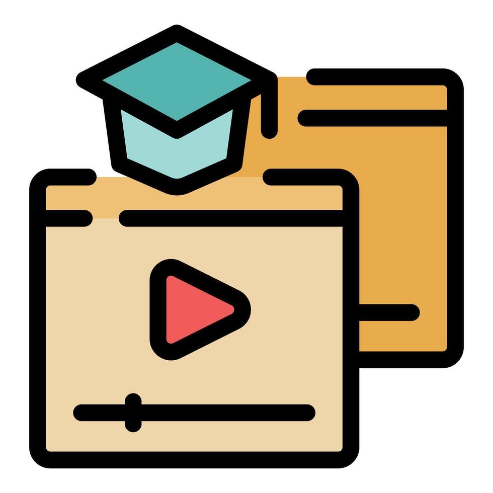 Online education player with graduation cap icon, watching educational videos for knowledge and skill development vector