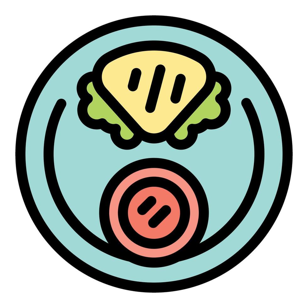 Sandwich and tomato slice served on a round plate, simple colorful drawing of a healthy meal vector