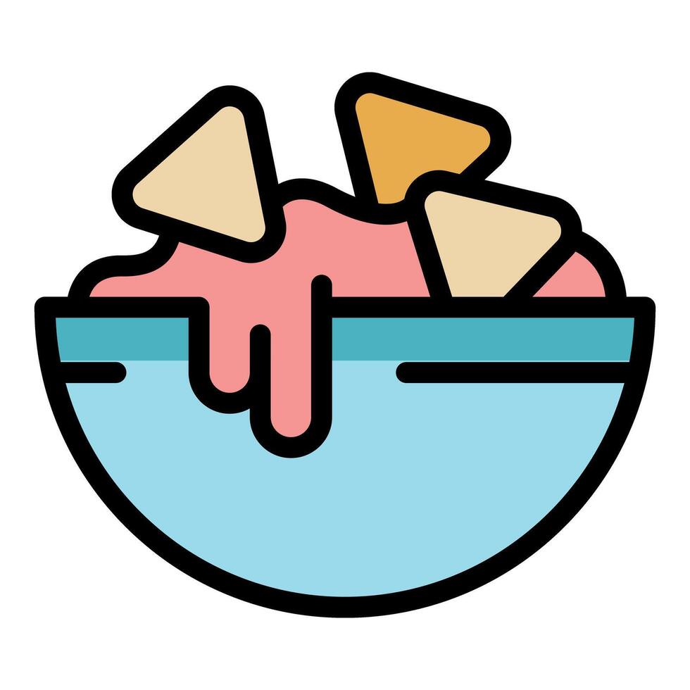 Bowl dipping tortilla chips into pink sauce, party food icon vector