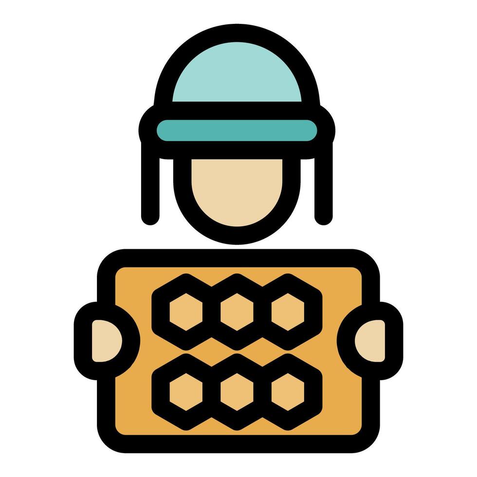 Beekeeper holding honeycomb frame, beekeeping and honey production vector