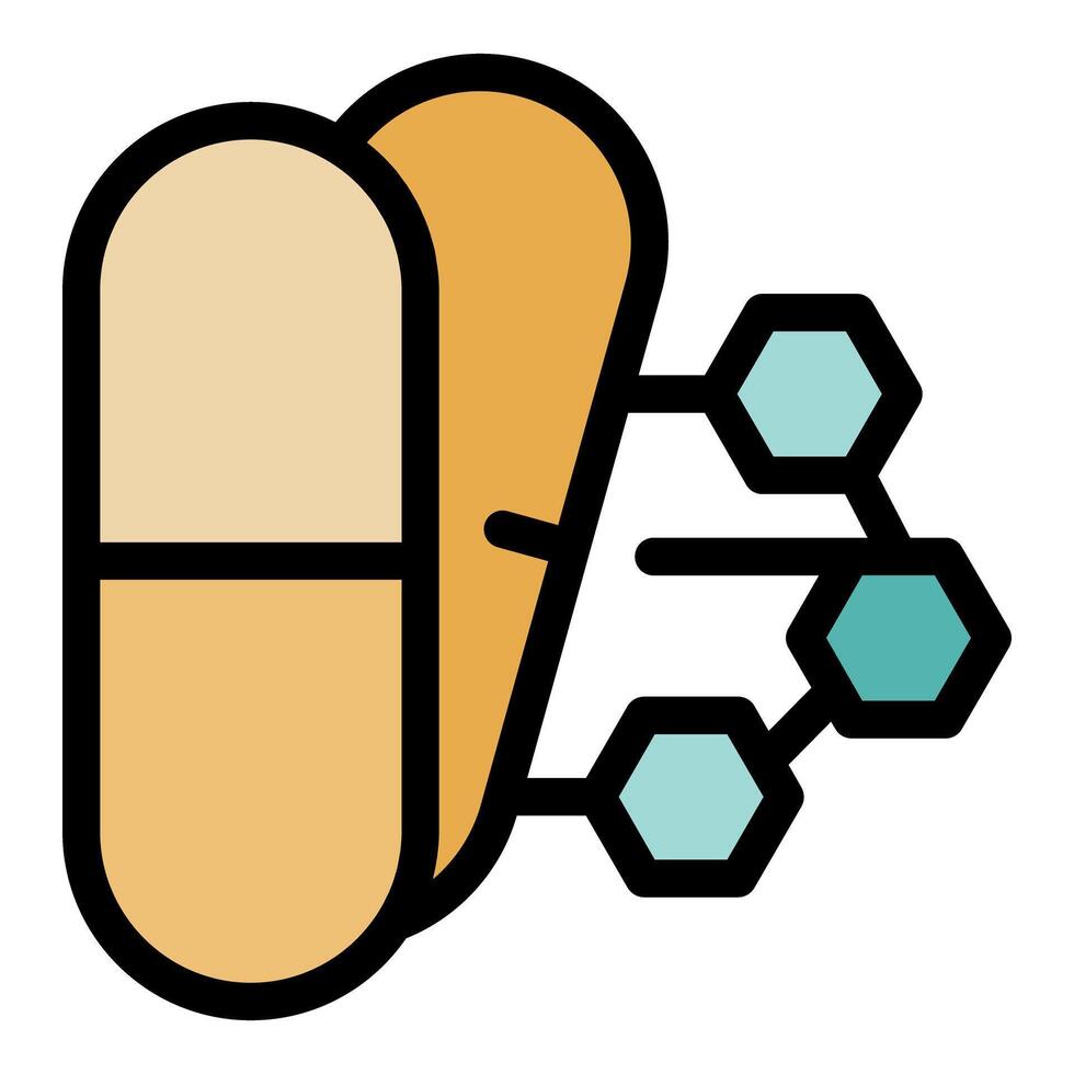 Innovative drug development depicted with capsules and molecular structure vector