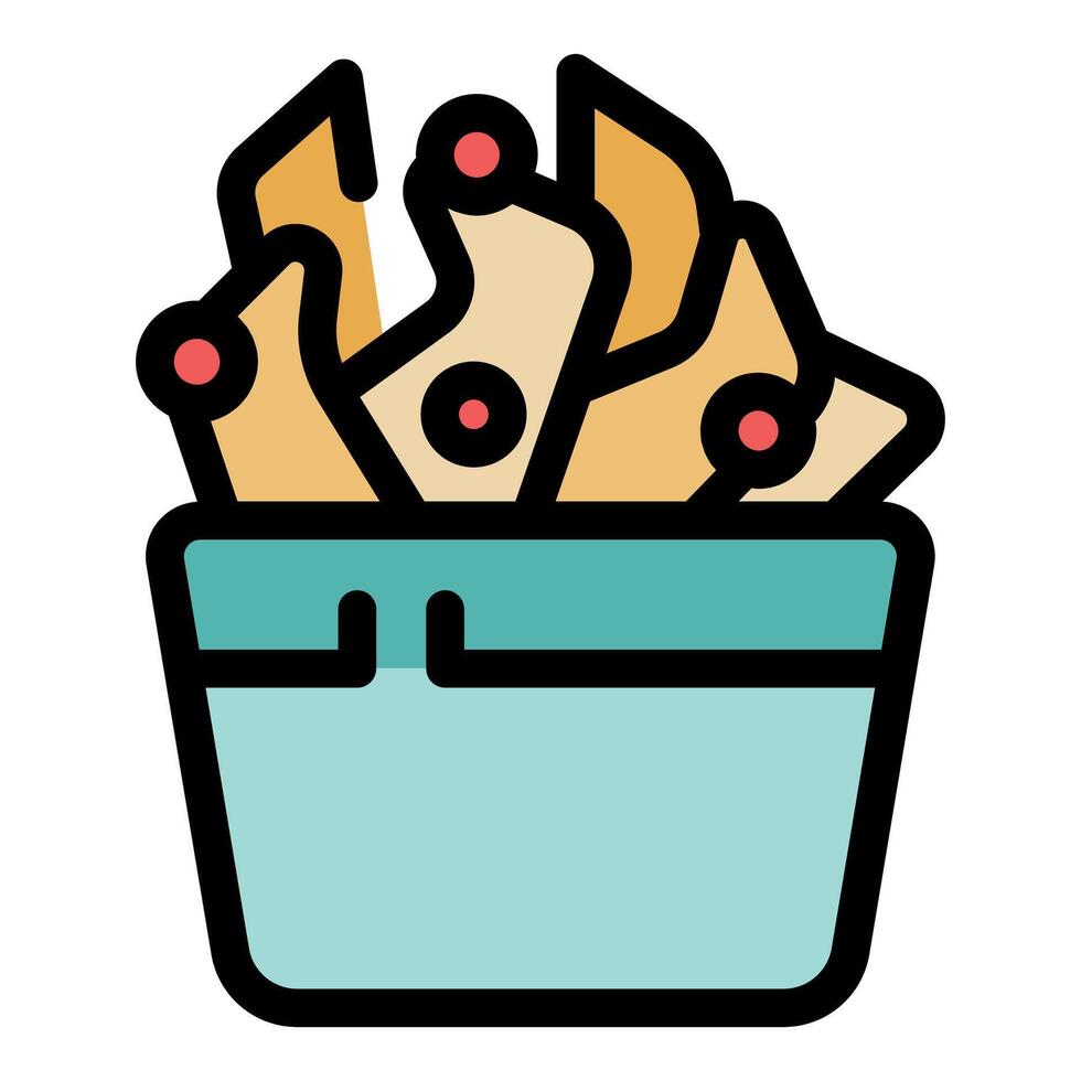 Crispy potato chips overflowing from a plastic bucket, vector