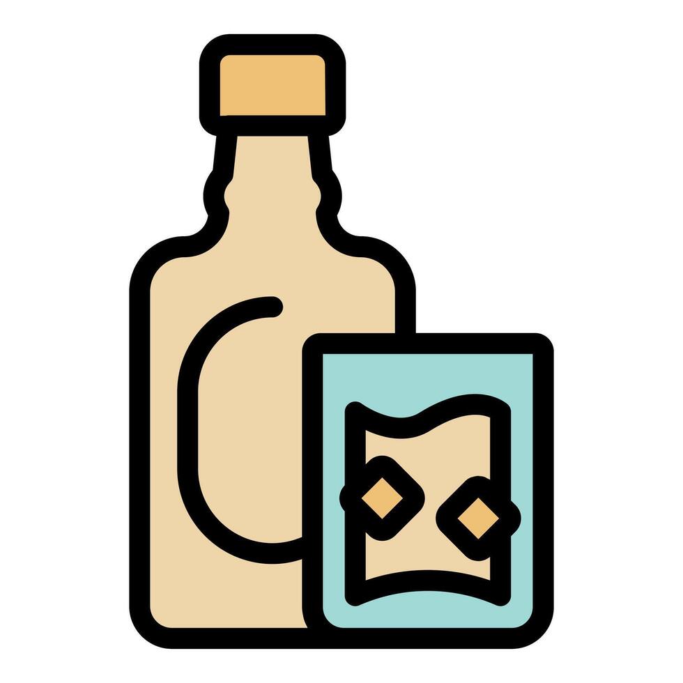 Bottle pouring cognac into glass with ice cubes, alcoholic beverage enjoyment vector