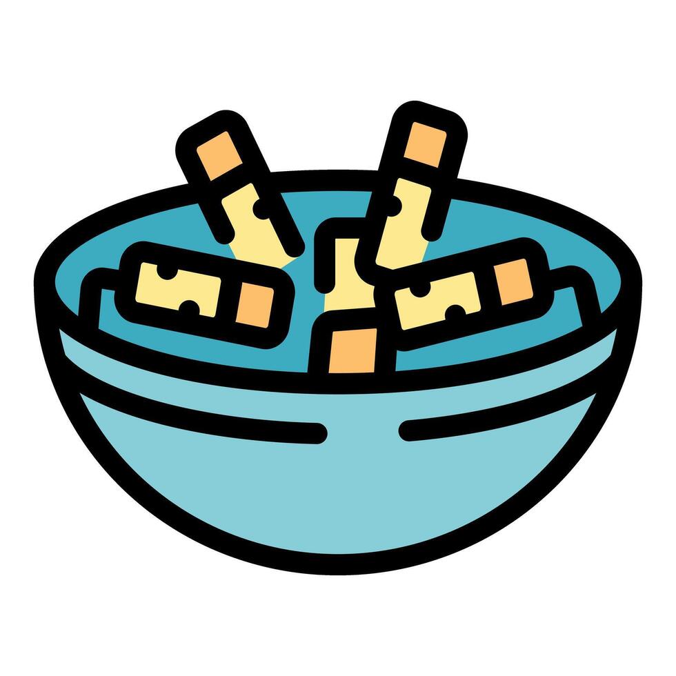 Croutons floating in blue bowl of soup, comfort food icon vector