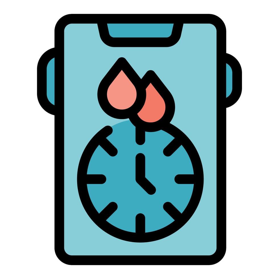 Menstruation period tracker app showing blood drops and clock vector