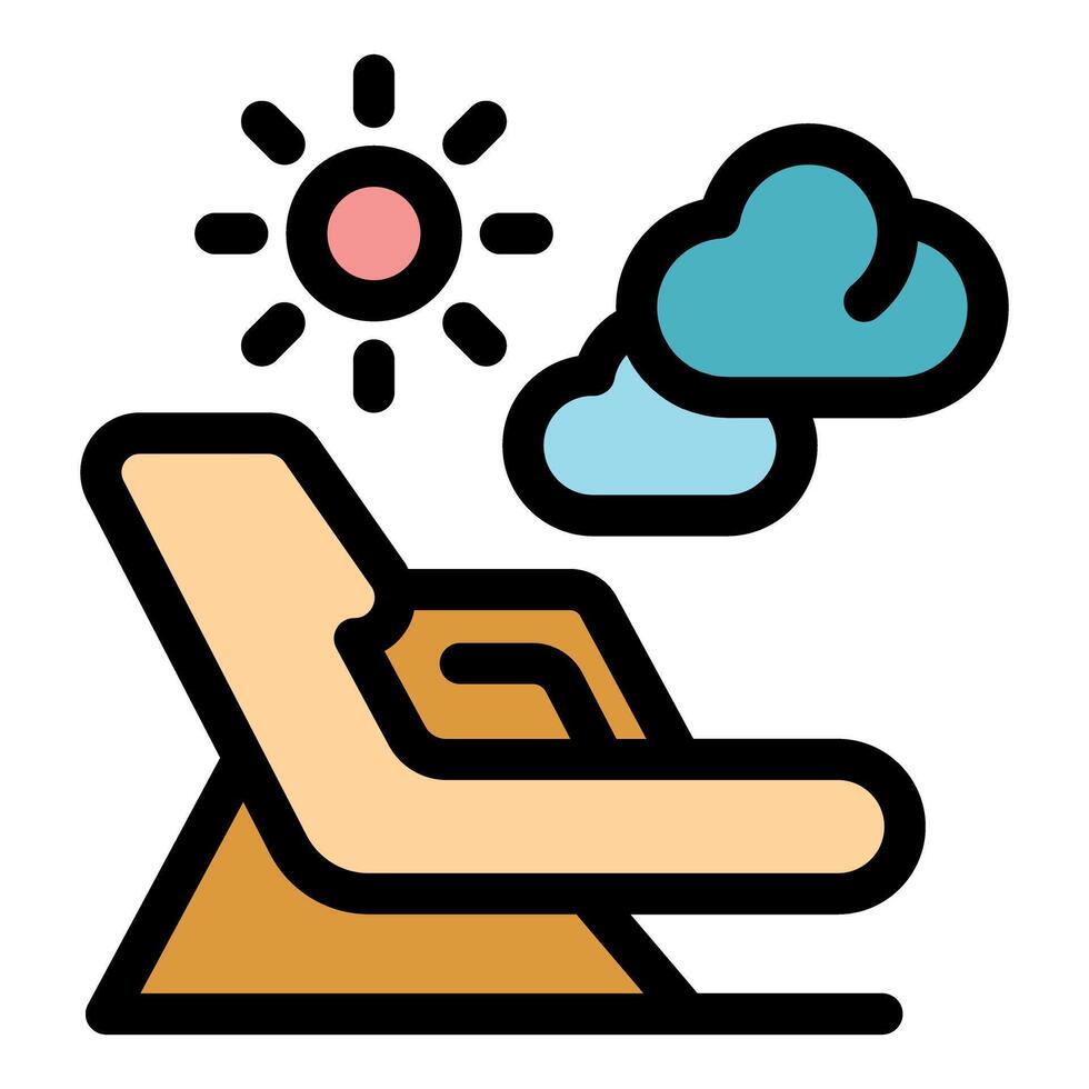 Deckchair under sun and clouds, relaxing summer vacation icon vector