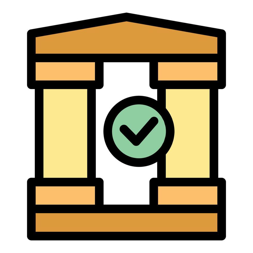 Bank building with green check mark, successful financial transaction vector