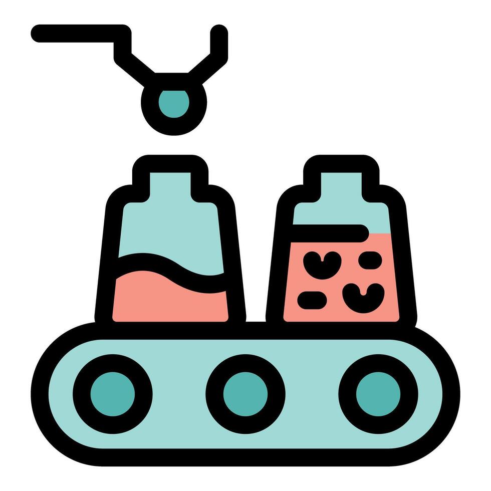 Robotic arm adding ingredients to bottles on assembly line vector