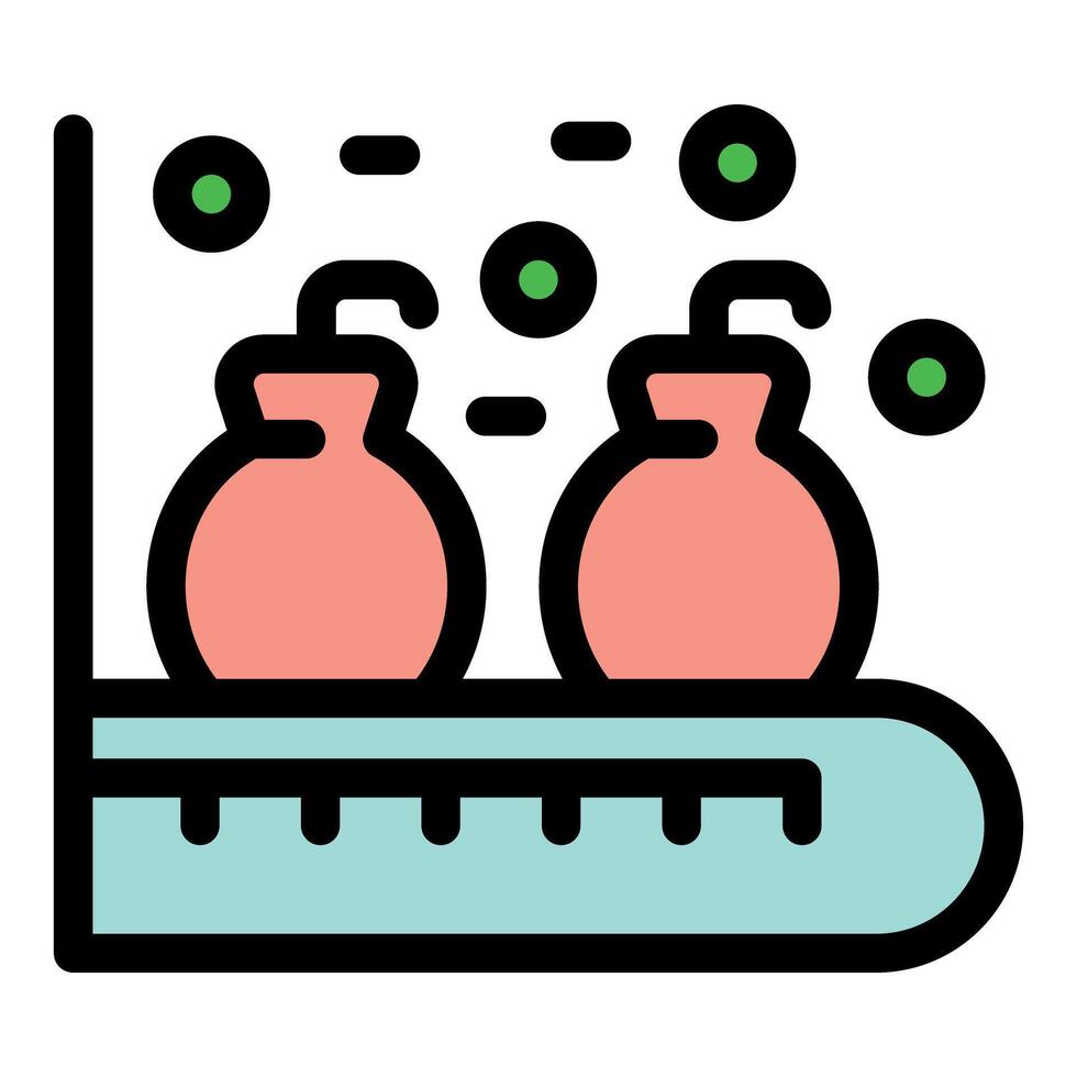 Conveyor belt carrying chemical tanks releasing green particles in a factory vector