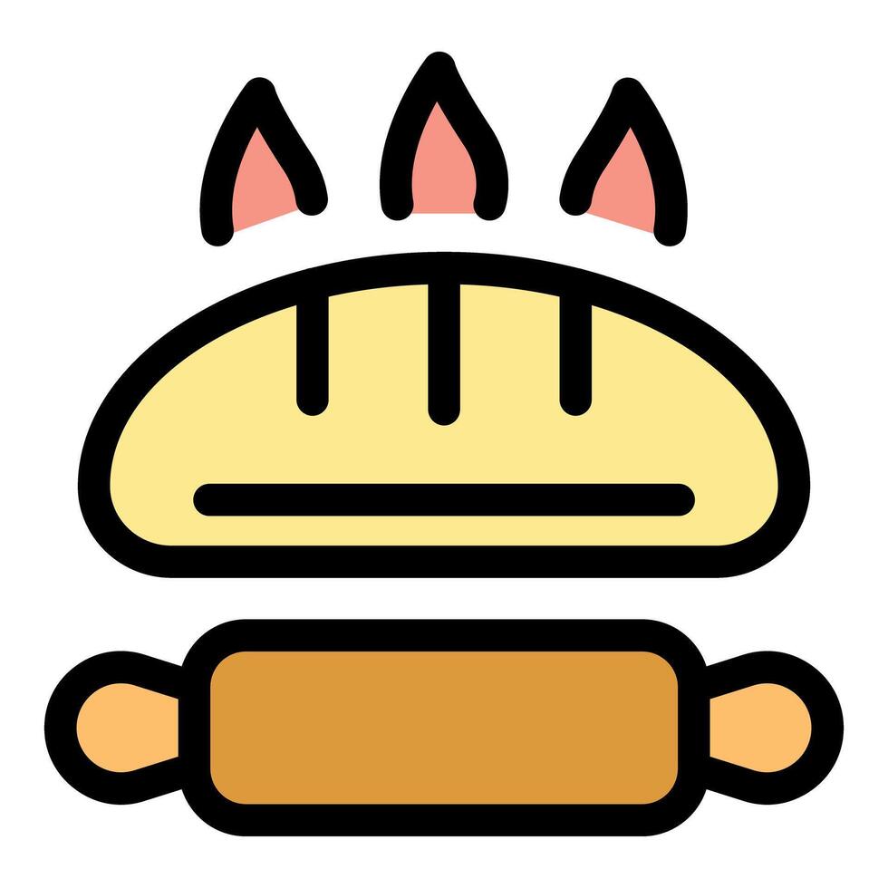 Hot bread baking above rolling pin, bakery icon vector