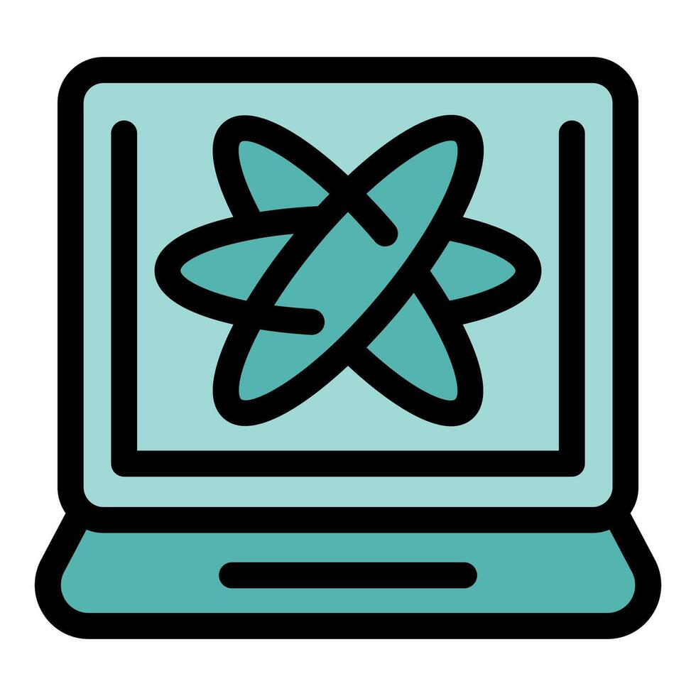 Laptop showing rotating atom electrons orbiting nucleus physics science vector