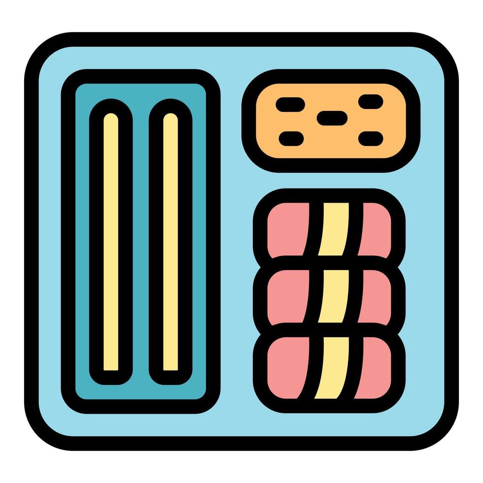 Lunchbox containing breadsticks, dessert, and sushi rolls is ready for meal vector
