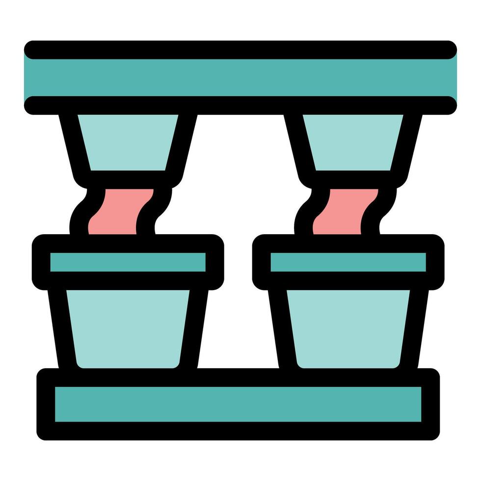 Industrial machine pouring substance into two pots on conveyor belt vector