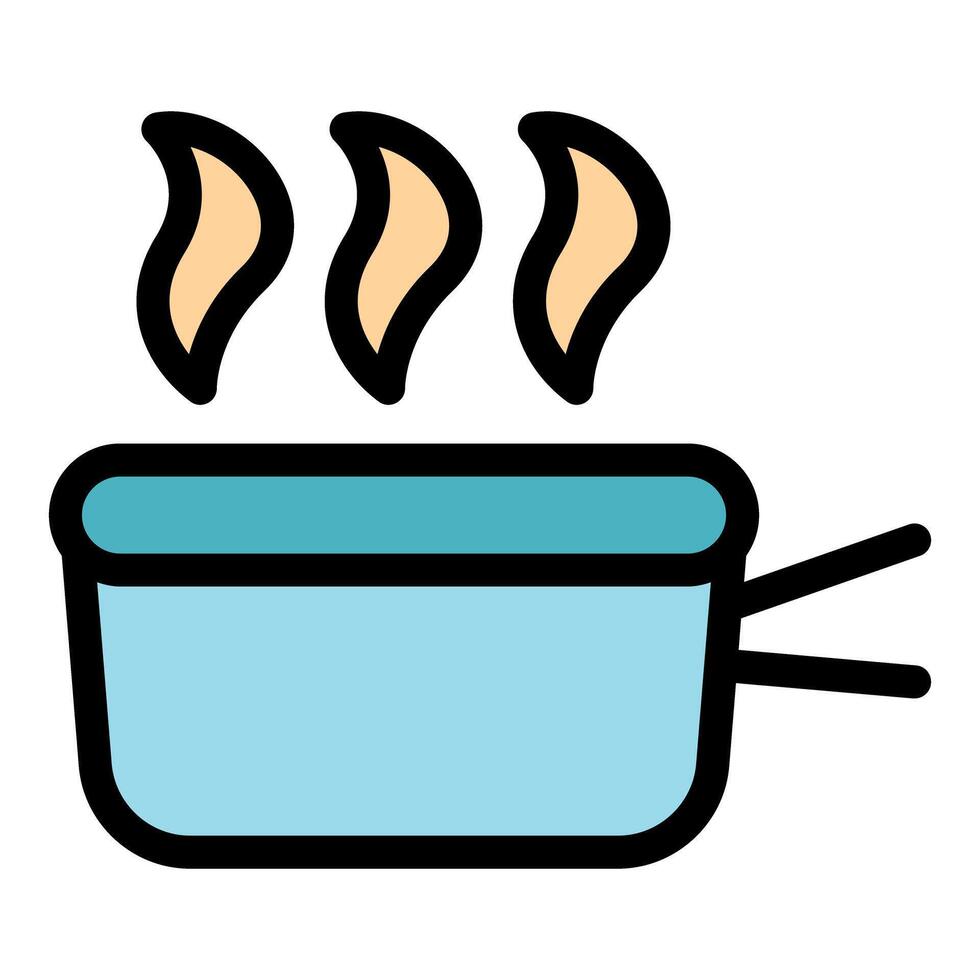 Camping pot boiling water over portable stove for cooking food vector