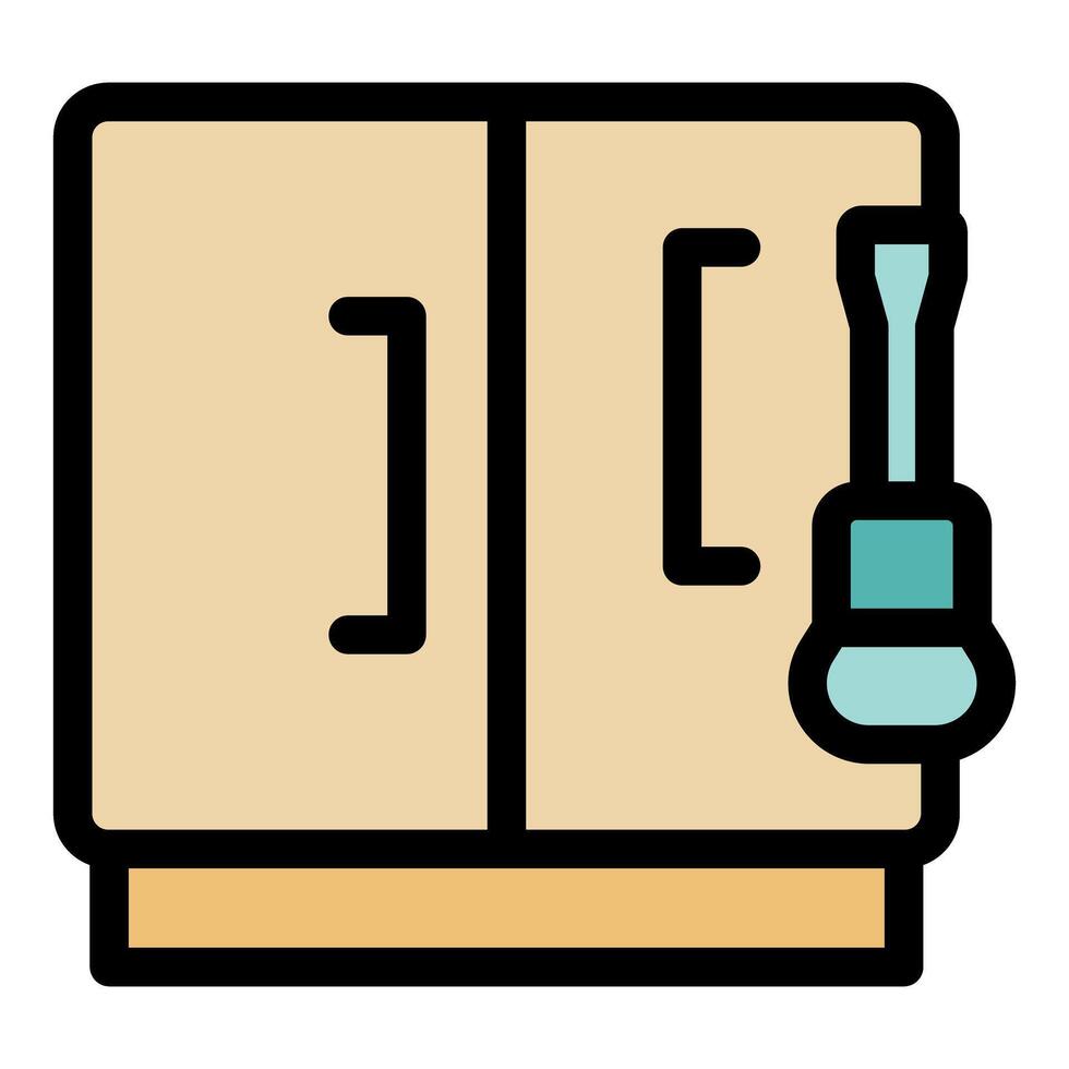 Furniture assembling with screwdriver on kitchen cabinet vector