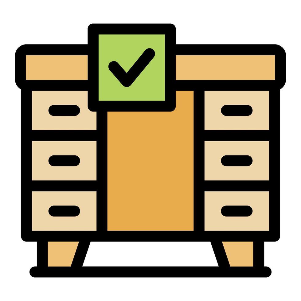 Approved furniture, wooden cabinet with check mark, quality control passed vector