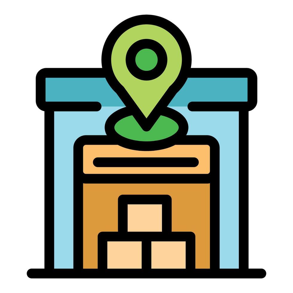 Warehouse location showing storage building and boxes with gps map pin vector