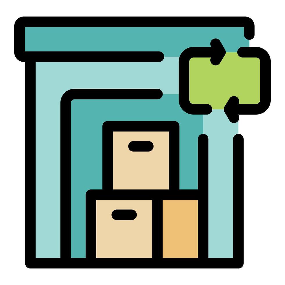 Warehouse storing boxes with return policy indicated by recycling symbol vector