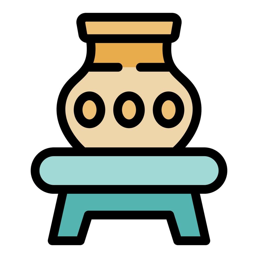 Clay pot standing on a small wooden table, representing pottery and craftsmanship vector
