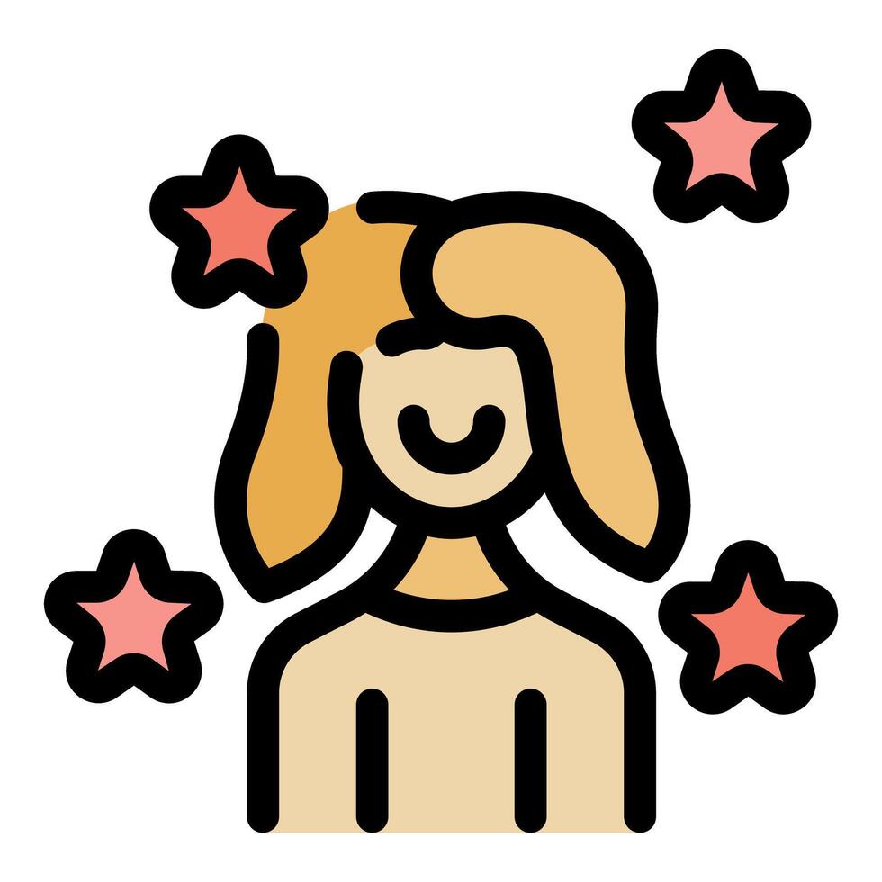 Smiling young woman surrounded by stars, achieving success and recognition vector