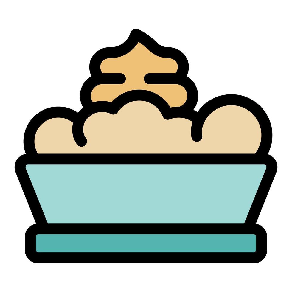 Bowl of mashed potatoes with gravy filling a serving dish vector