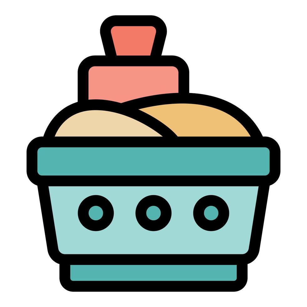Laundry basket filled with folded clothes and fabric softener icon vector
