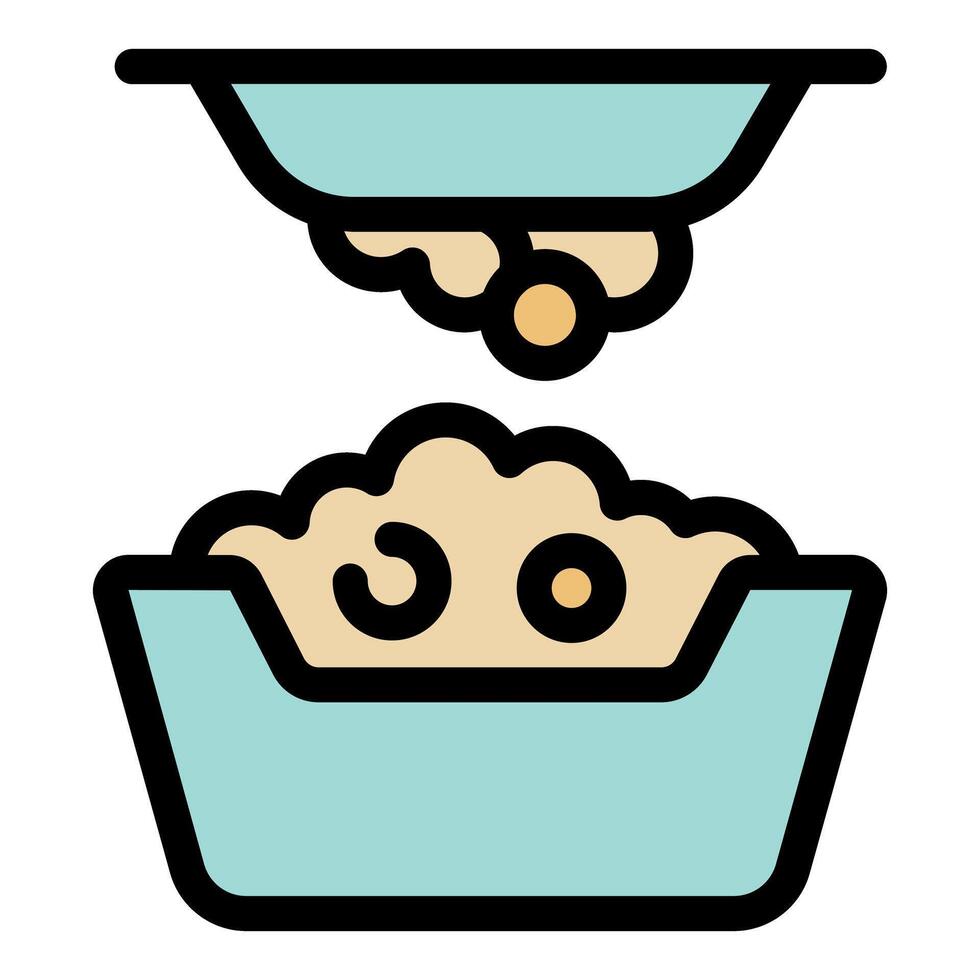Pet food pouring into bowl, preparing a meal for cat or dog vector