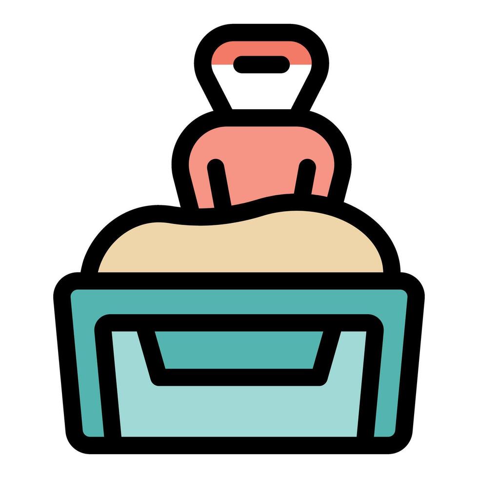 Cat litter box with filled sand and scoop being held up vector