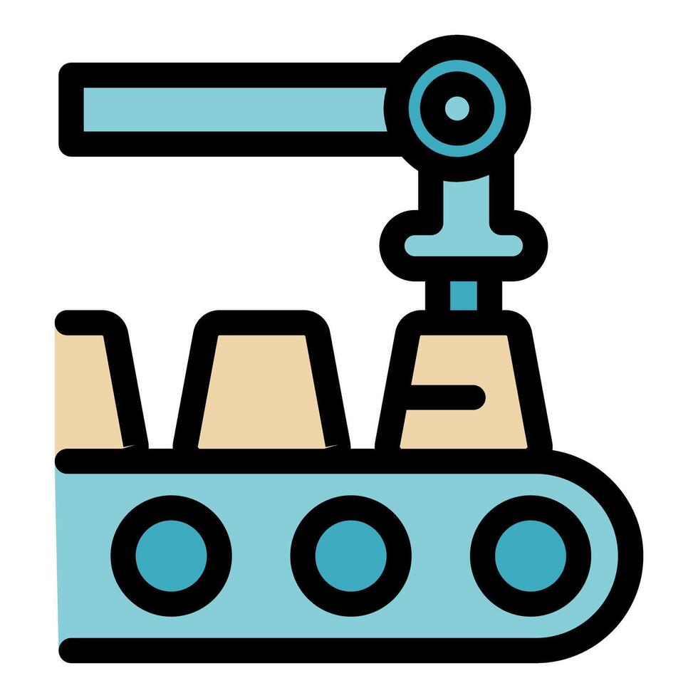 Robotic arm stamping product on conveyor belt in factory vector