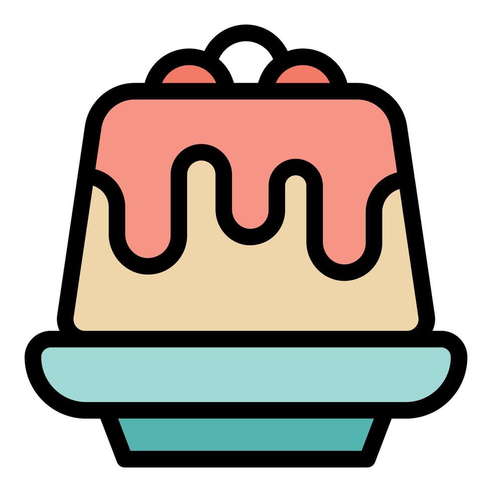 Delicious pudding with pink icing and red cherries on a plate vector