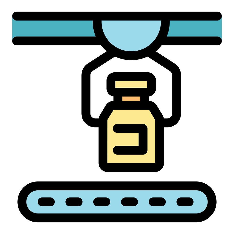 Robotic arm handling medicine bottle on assembly line in pharmaceutical factory vector